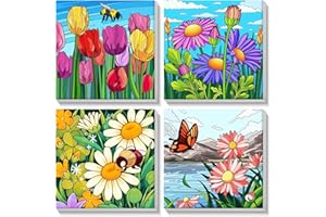 MISCER 4 Pack Flowers Paint by Numbers Kit for Adults Beginners, Easy Acrylic Art Number Painting for Adults On Canvas Framed