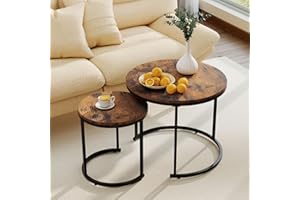 Giantex Nesting Coffee Table Set of 2, Round Stacking Side Tables w/Wooden Tabletop & Steel Frame, Space Saving Vintage End T