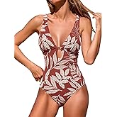 CUPSHE Women's One Piece Swimsuit Deep V Neck Keyhole Cutout O Ring Textured Bathing Suit