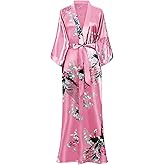 BABEYOND Women's Kimono Robe Long Satin Robes with Peacock and Blossoms Printed Kimono Nightgown