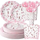 Remerry 30 Set/ 210 Pcs Cowgirl Party Supplies Western Coquette Pink Bow Birthday Party Decorations Include Disposable Plate Napkin Cup Fork for Western Themed Wedding Bachelorette Baby Shower