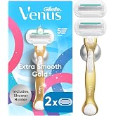 Gillette Venus Extra Smooth Sensitive Gold Women's Razor Handle + 2 Blade Refills, includes Shower Holder