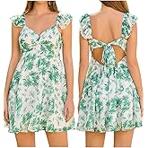 HTZMO Women Summer Floral Short Sundress V Neck Ruffle Bow Tie Sexy Backless A Line Flowy Cute Casual Beach Mini Dress 2025