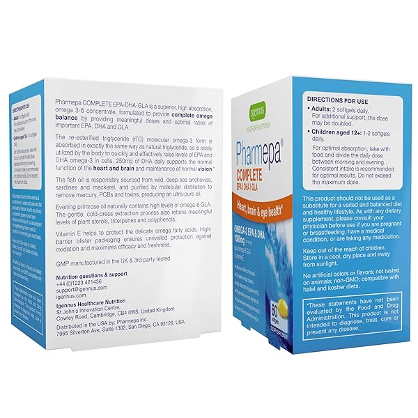 IGENNUS PHARMEPA COMPLETE EPA DHA RTG OMEGA 3 FATTY ACIDS 1000MG, HIGH POTENCY FISH OIL PLUS OMEGA 6 GLA EVENING PRIMROSE OIL, IFOS CERTIFIED, LEMON FLAVOR, 60 SOFTGELS