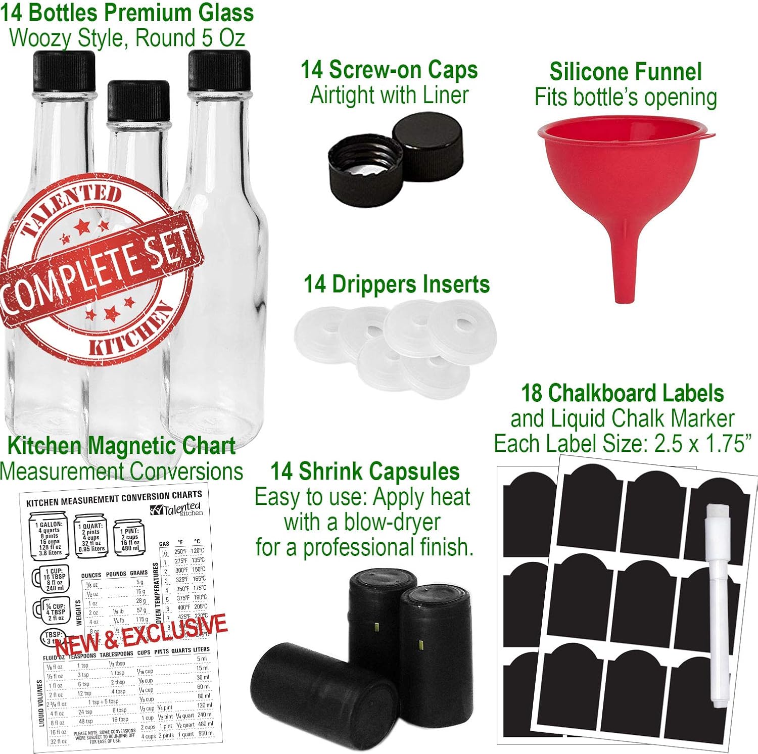14-PACK Hot Sauce Bottles 5oz with Caps, Funnel for Kitchen, Chalkboard Labels, Shrink Capsules, Dripper Inserts. Mini Wine Bottle Hot Sauce Kit, 5 Oz Woozy Glass Bottle Dasher by Talented Kitchen: Home Improvement