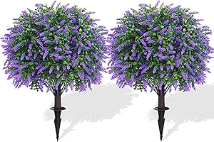 YANGRASS Artificial Lavender Topiary Ball Trees with Ground Spike, 2 Pack 16 Inches UV Resistant Artificial Shrubs, Fake Evergreen Artificial Plant Brush for Indoor Outdoor Front Porch Garden