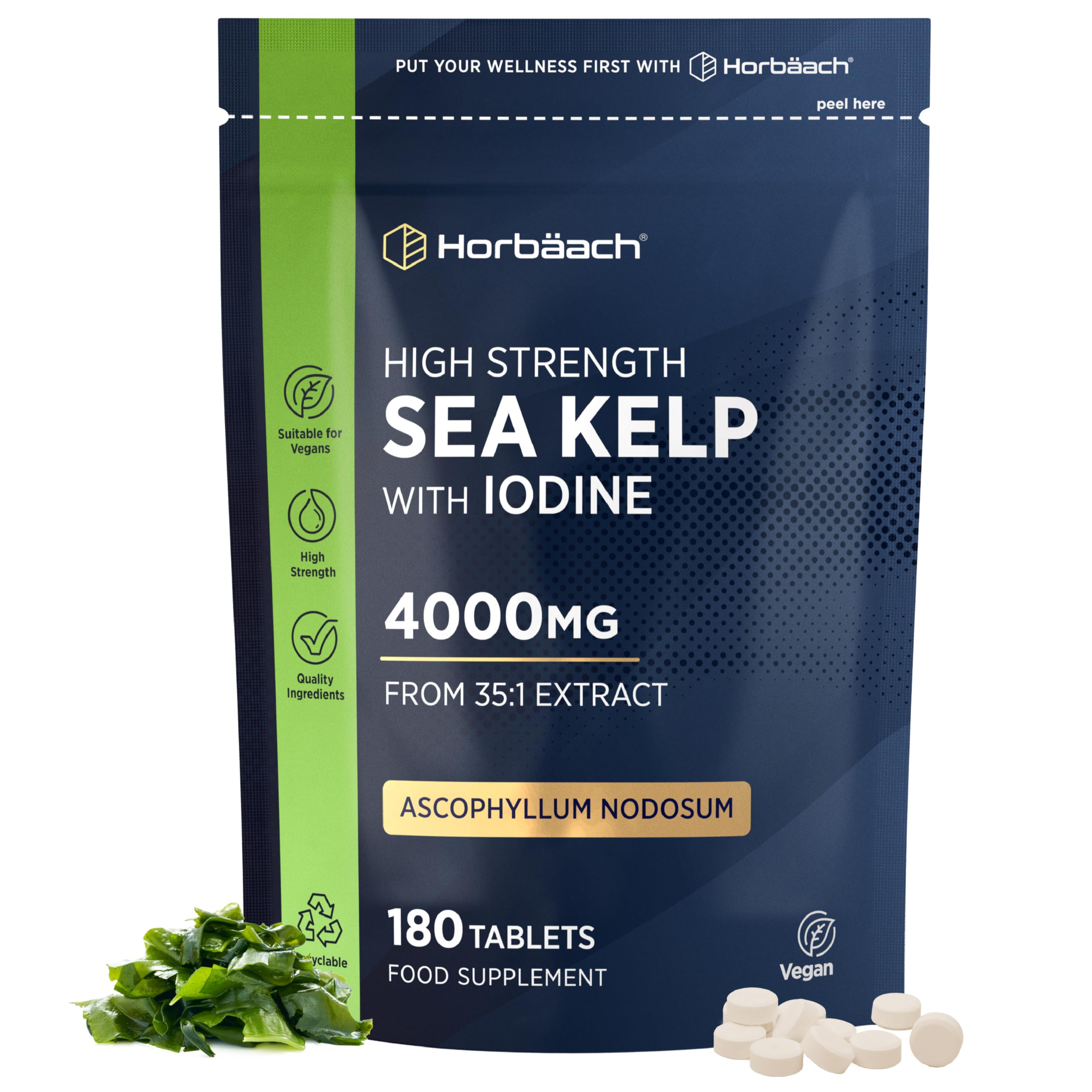 Sea Kelp Tablets 4000mg | Natural Source of Iodine | 3 Months Supply | High Strength Kelp Extract | 180 Vegan Tablets | by Horbaach