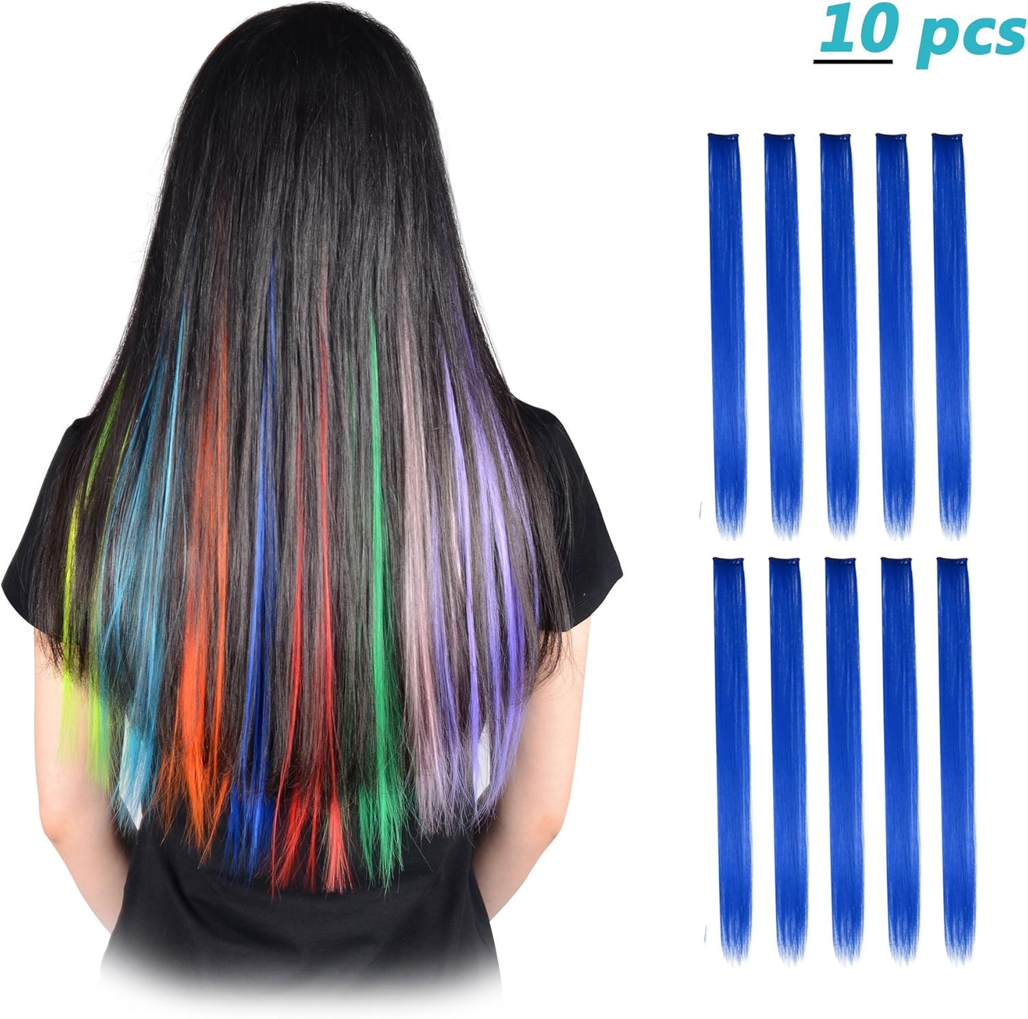 Feshfen 10 Pcs Blue Hair Extensions Straight Coloured Hair