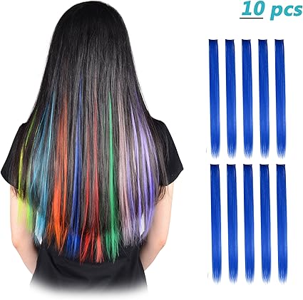 Feshfen 10 Pcs Blue Hair Extensions Straight Coloured Hair