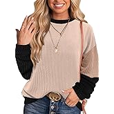 Fayenne Long Sleeve Shirts for Women Fall Fashion Crewneck Color Block Knitted Cute Tops Work Fall Clothes Trendy