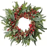zjlmit Christmas Wreath 24 Inch Christmas Wreaths for Front Door Xmas Red Berry Wreath with Pinecone Eucalyptus Leaves Pine Needle Red Berries for Wall Window Xmas Holiday Indoor Winter Decorations