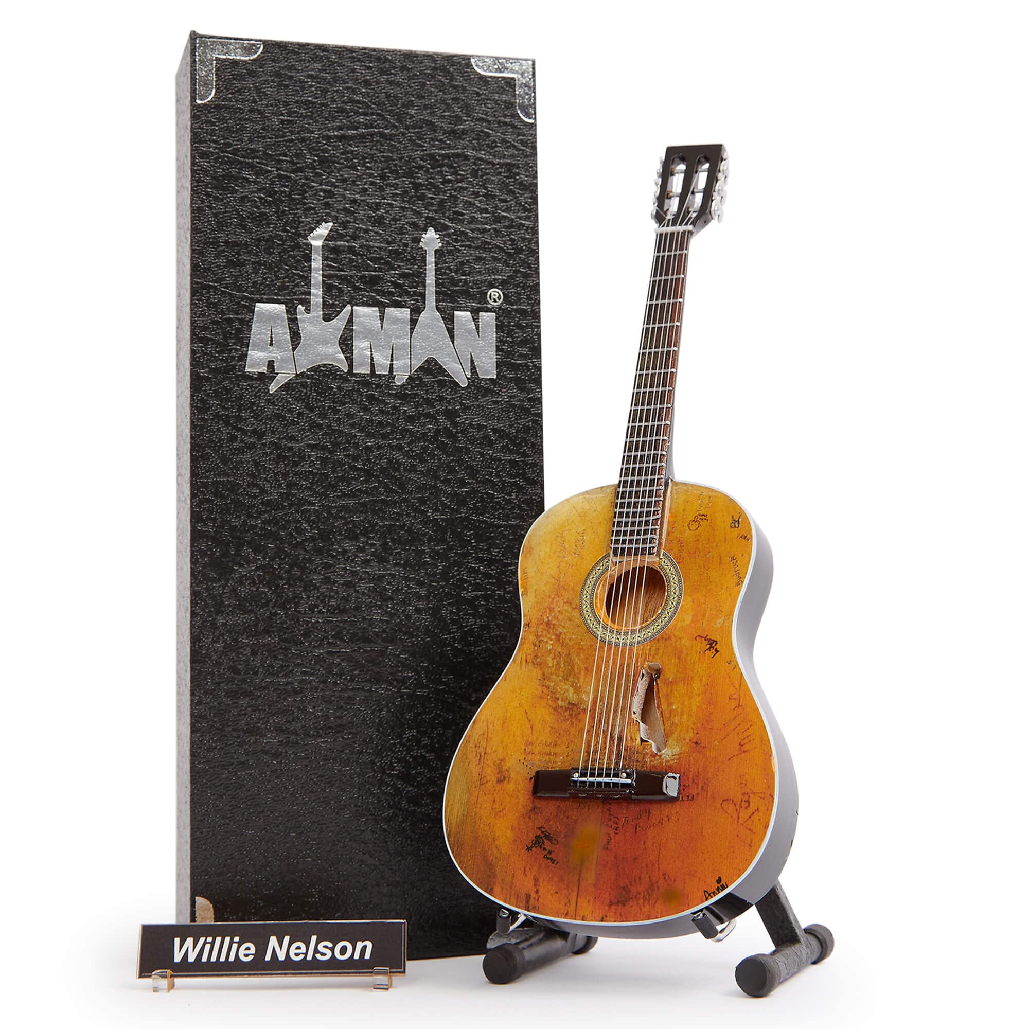 Willie Nelson 1969 Martin N-20 'Trigger' - Miniature Guitar Replica - Music Gifts - Handmade Ornamental 1/4 Scale - Includes a Display Box, Name Tag and Miniature Guitar Stand
