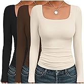Ekouaer Womens 3 Pack Long Sleeve Shirts Square Neck Basic Tops Fitted Tee Thermal Undershirts XS-XXL