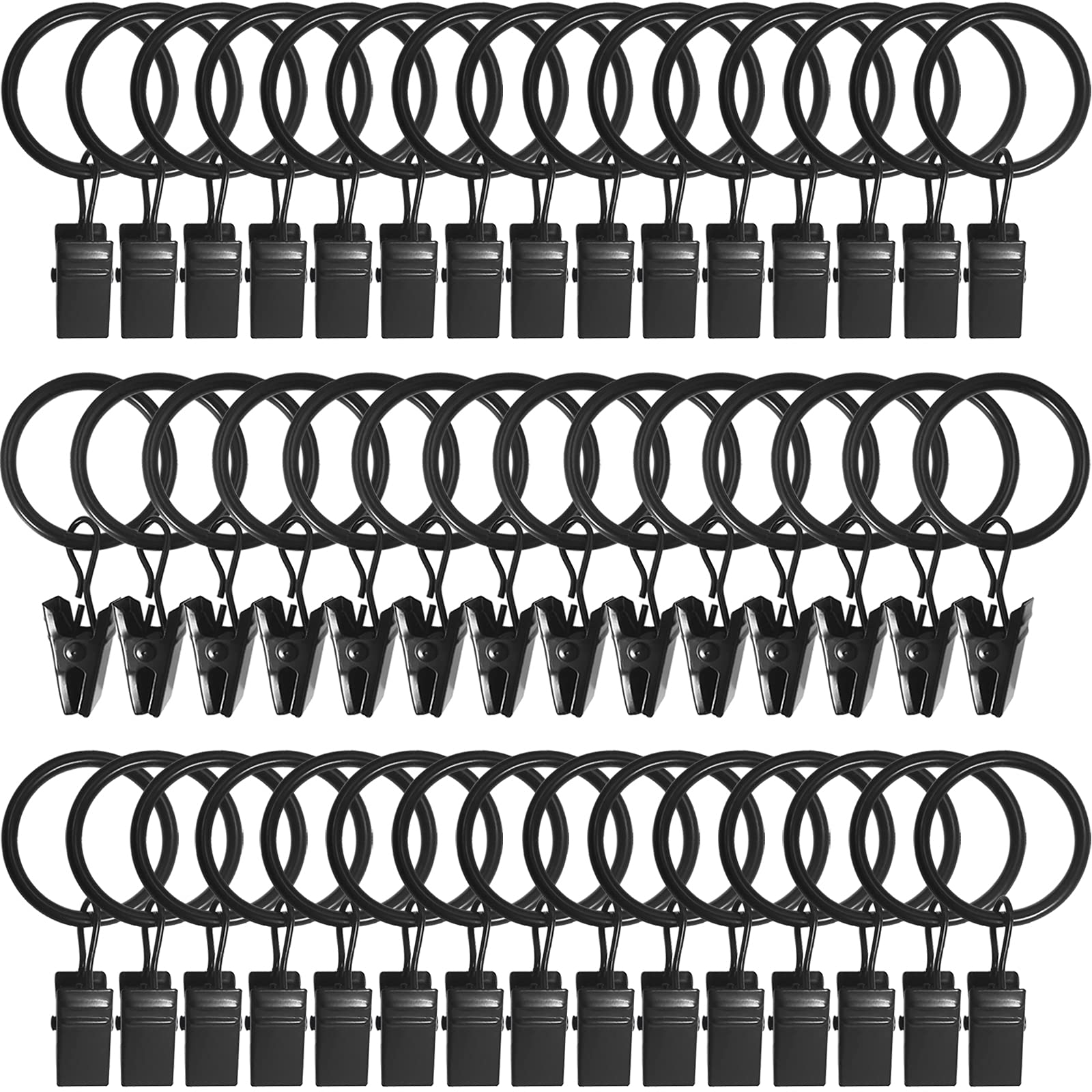 AMZSEVEN 44 Pack Metal Curtain Rings with Clips, Tension Curtain Hangers Clips, Strong Drapery Rings with Clips, Decorative Curtain Rod Window, 1 Inch Interior Diameter, Rustproof Vintage Black