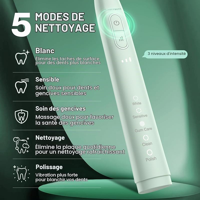 Brosse à dents sonique pour adultes, brosse à dents électrique rechargeable avec 5 modes de nettoyage, 3 niveaux d'intensité, capteur de pression intelligent (Vert)