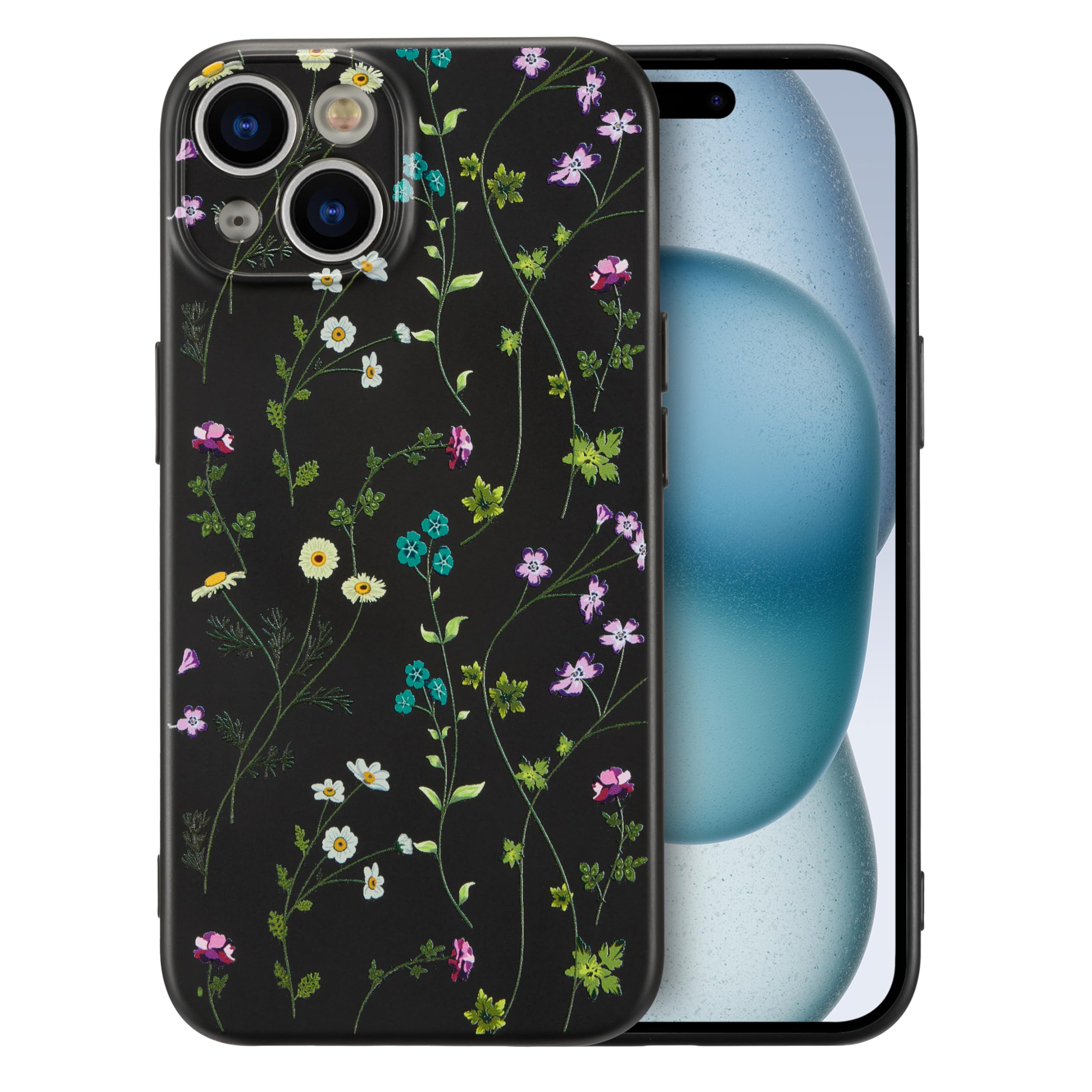 RALEAVO Flower Case for iPhone 15, Liquid Silicone Shockproof Protection Case Cover for Girls Women with Aesthetic Cute Floral Patterns Soft Slim Phone Case for iPhone 15 6.1"-Black — image 1