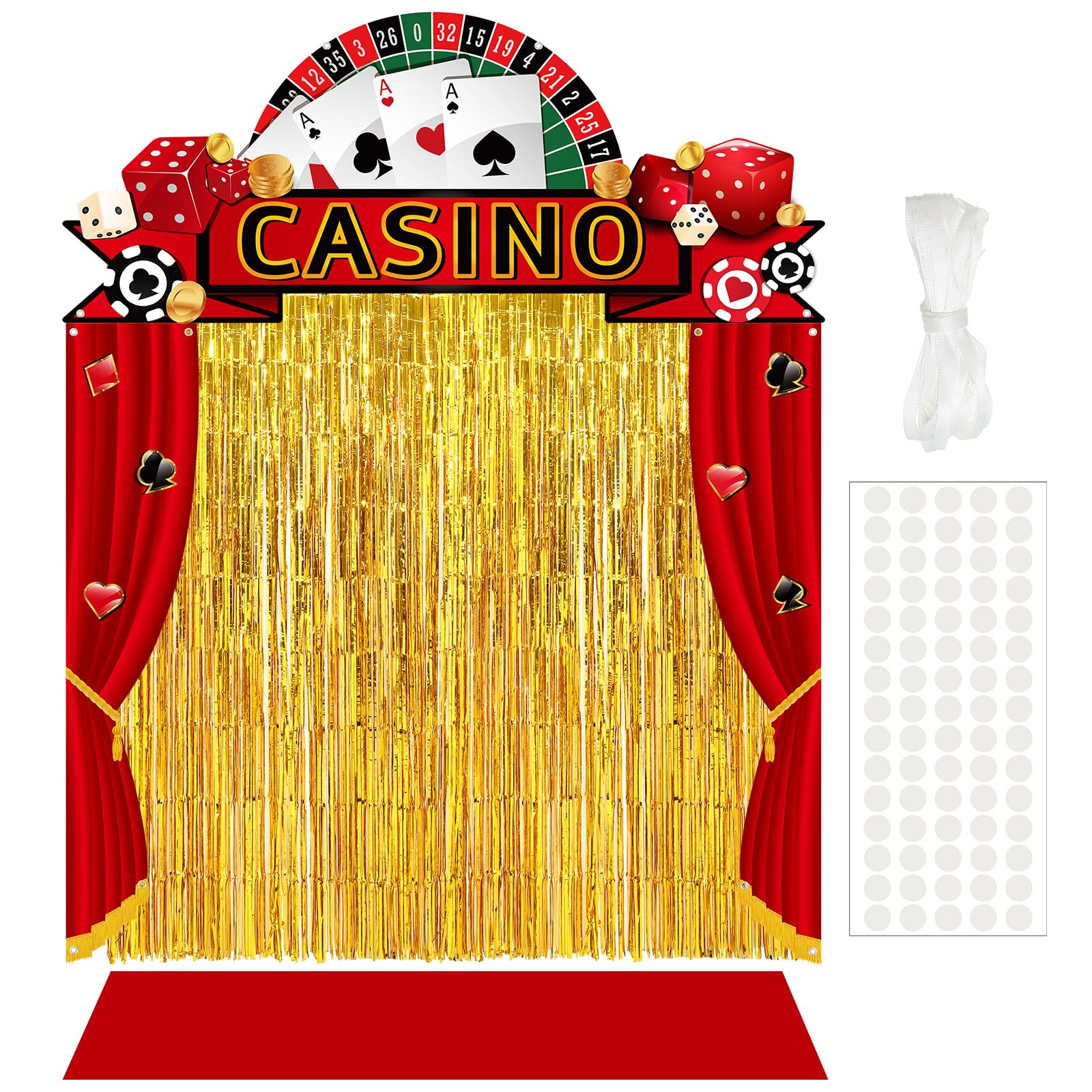 Photo 1 of VitalCozy 7pcs Casino Party Decorations Casino Night Party Porch Banners Red Rug Gold Foil Fringe Backdrop Curtains for Las Vegas Poker Dice Birthday Halloween Photo Background Door Entryway Decor