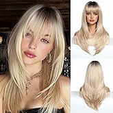 Blonde Wig for Women Long Straight Layered Wigs with Bangs 24 Inches Ombre Blonde Wig with Dark Roots Synthetic Wigs for White Women Natural Looking Hair Replacement Wig for Girls Daily Party Use