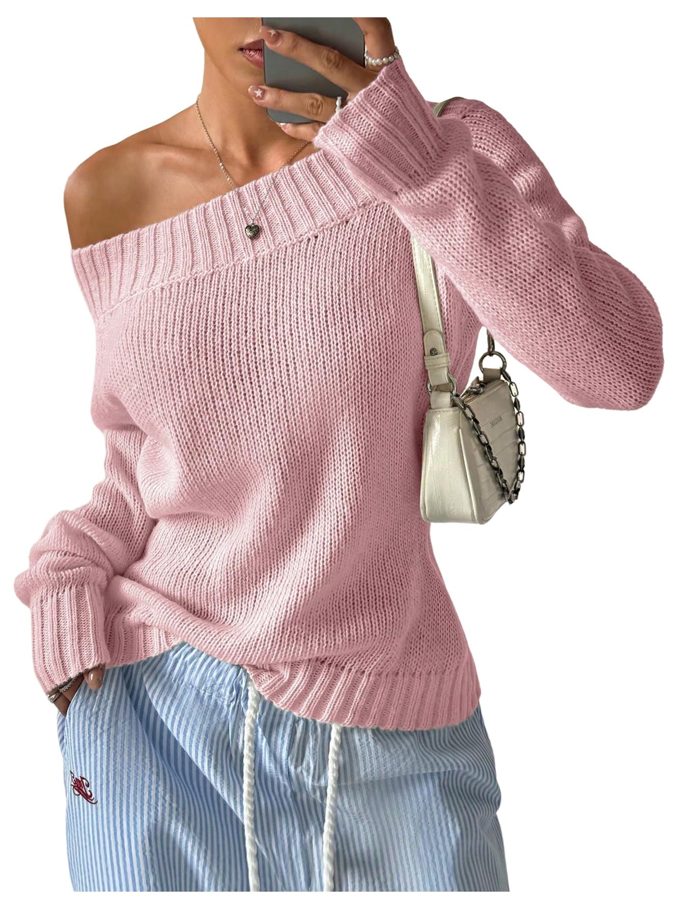 Photo 1 of SOLY HUX Women's Off The Shoulder Sweater Boat Neck Knit Top Pullover Fall Clothes Plain Pink Large