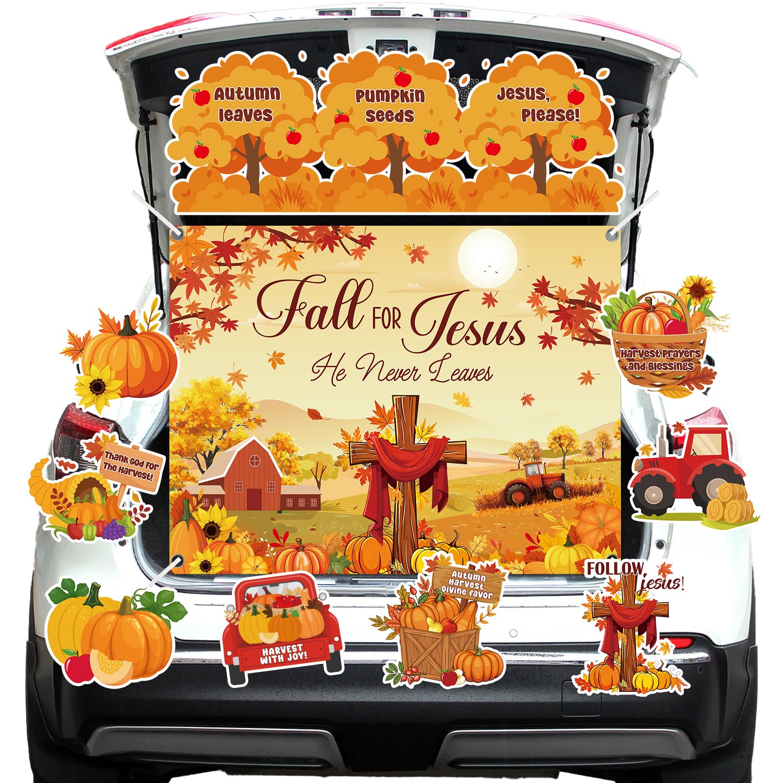 Aposwow Fall Trunk or Treat Car Decorations Kit, Christian Fall for Jesus Trunk or Treat Decoration, Pumpkin Leaf Halloween A