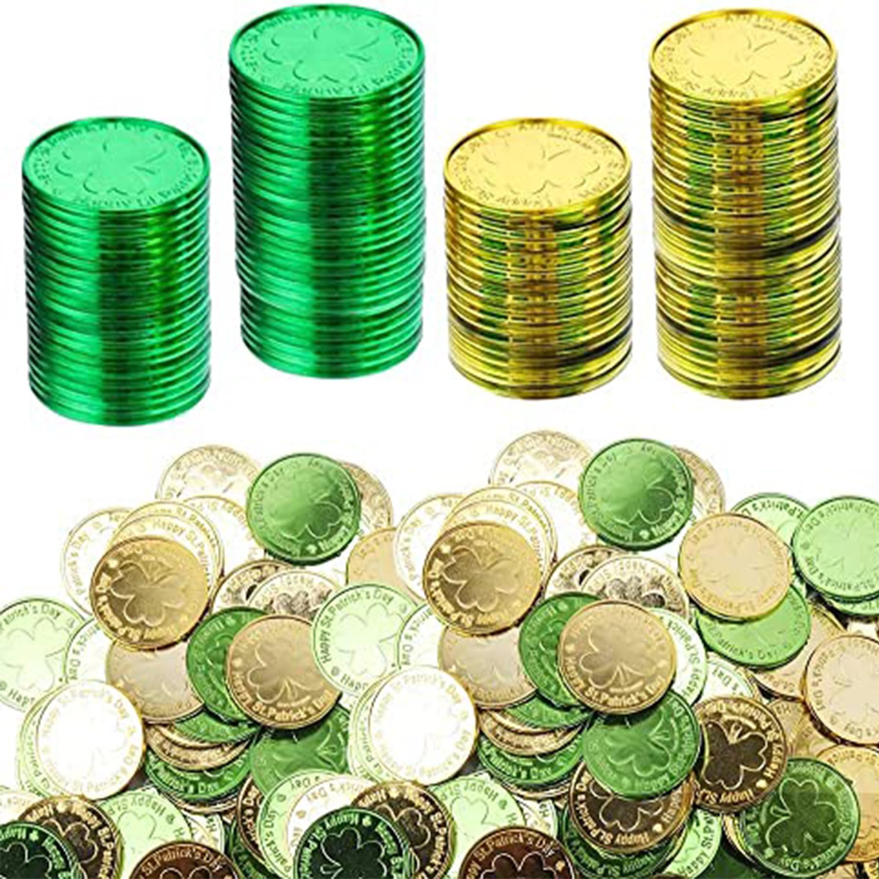 Artong 220 Pieces St. Patrick's Day Gold Coins Plastic Lucky Coins Shamrock Leprechaun Coins for St. Patrick's Day Party Decoration Favors and Table Sprinkles (220 PCS / Gold+Green)
