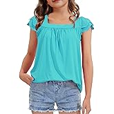 KEREDA Girls Short Sleeve Shirts Summer Tunic Tops Lace Openwork Ruffled Girls Cute Square Neck Clothes Blouse 5-14 Years