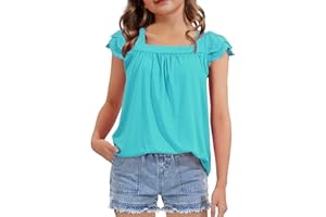 KEREDA Girls Short Sleeve Shirts Summer Tunic Tops Lace Openwork Ruffled Girls Cute Square Neck Clothes Blouse 5-14 Years