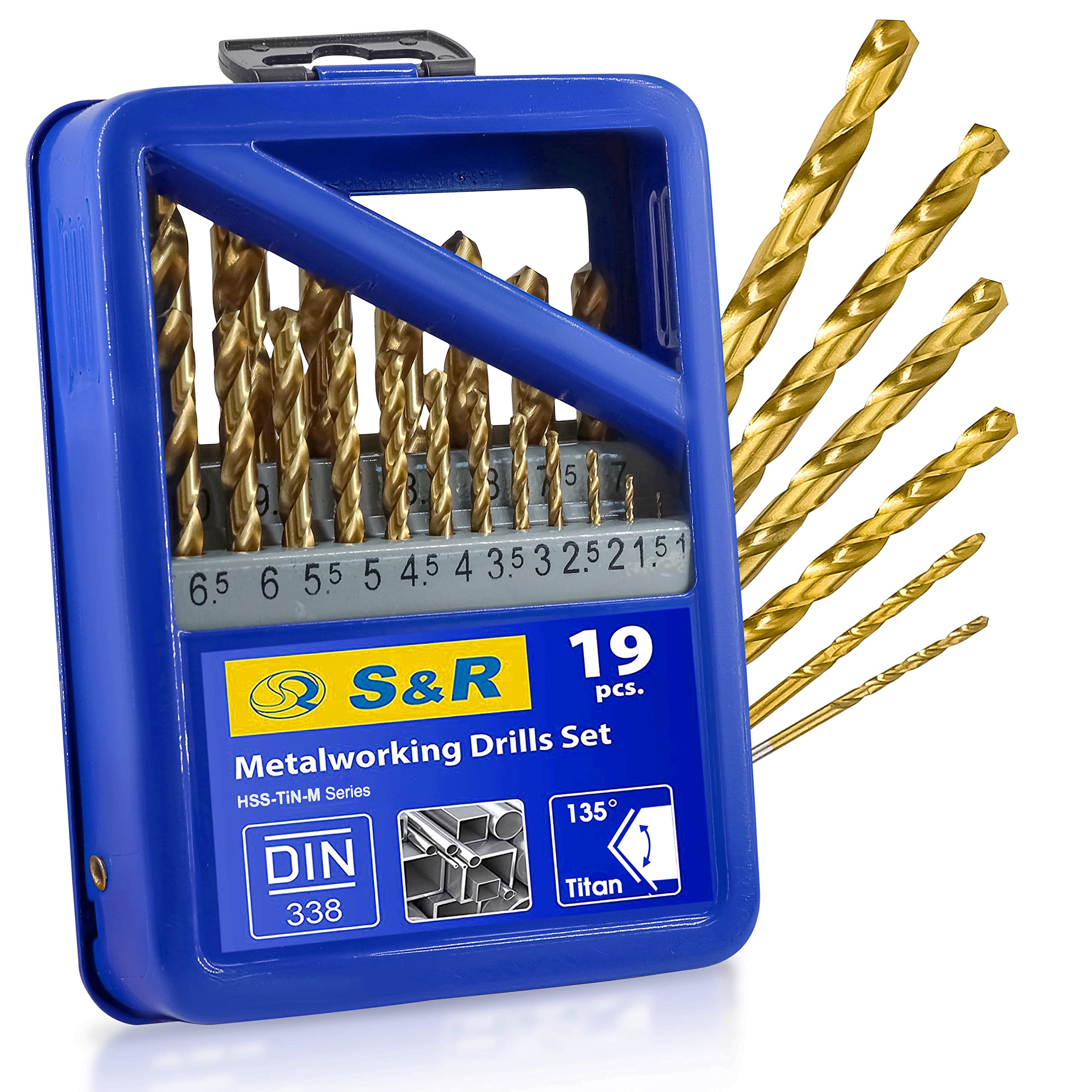 S&R Metal Drill Bit Set 1-10mm – 19-Piece HSS Titanium-Coated Bits | Professional-Grade with Nitrite-Titan Coating | Steel Box for Commercial & DIY Use