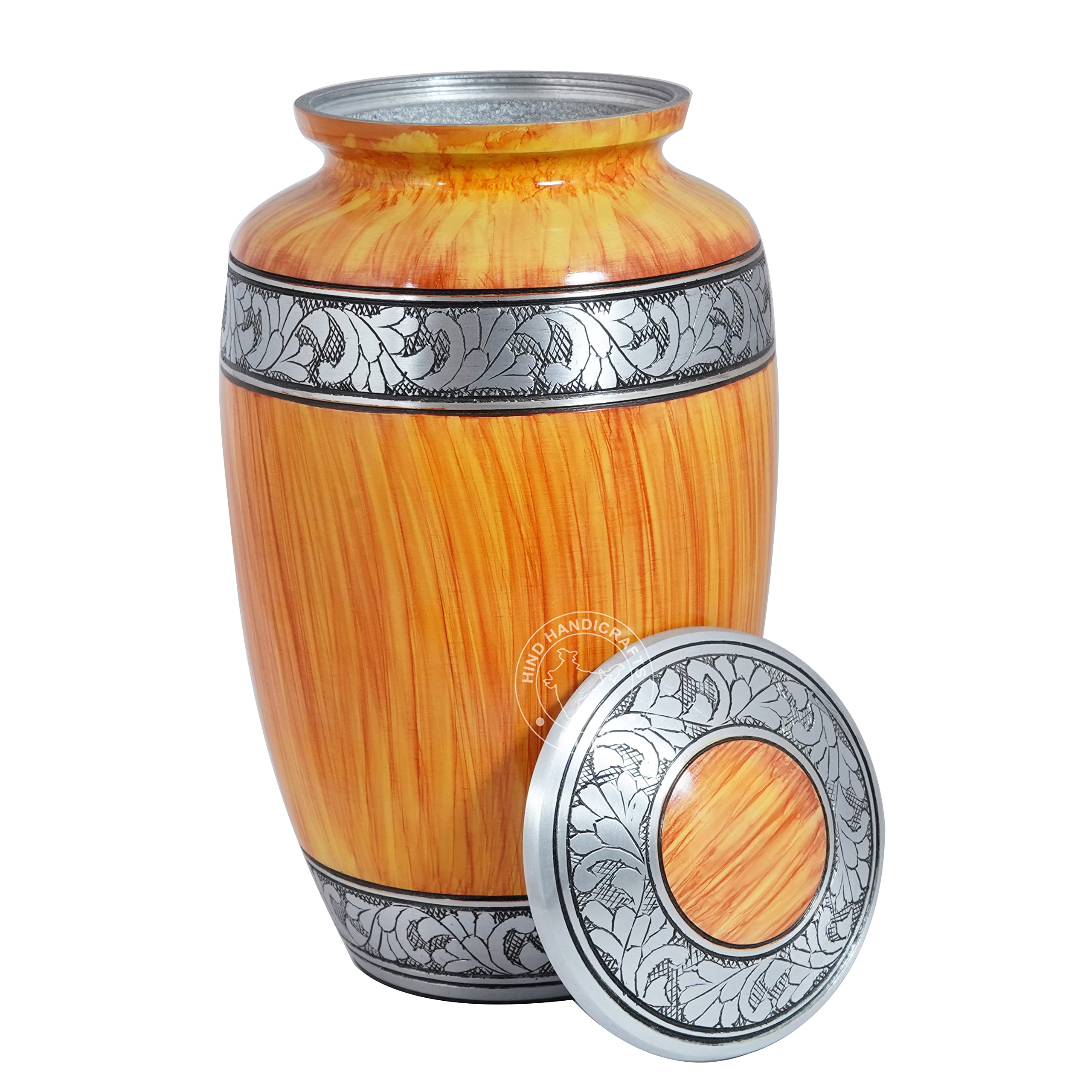 Silver Engraved Metal Cremation Urn for Human Ashes – Large Decorative Funeral Urn for Adult Men & Women, Handcrafted Wood Finish Memorial Burial with Velvet Bag (Teak Yellow)