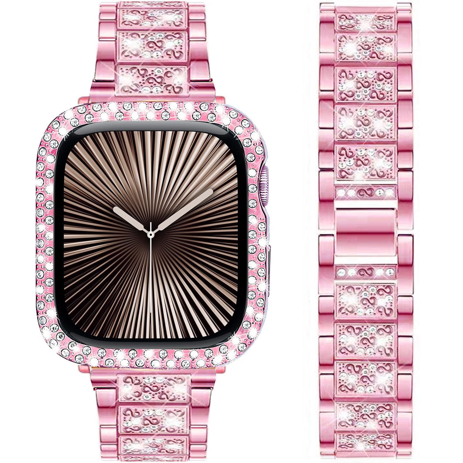 DEALELE Starp and Case Compatible with Apple Watch Series 10 42mm, Bling S-Texture Diamond Metal Bracelet with Protective Case Cover Replacement for iWatch 10 42mm Women Men (42mm, Rose pink)