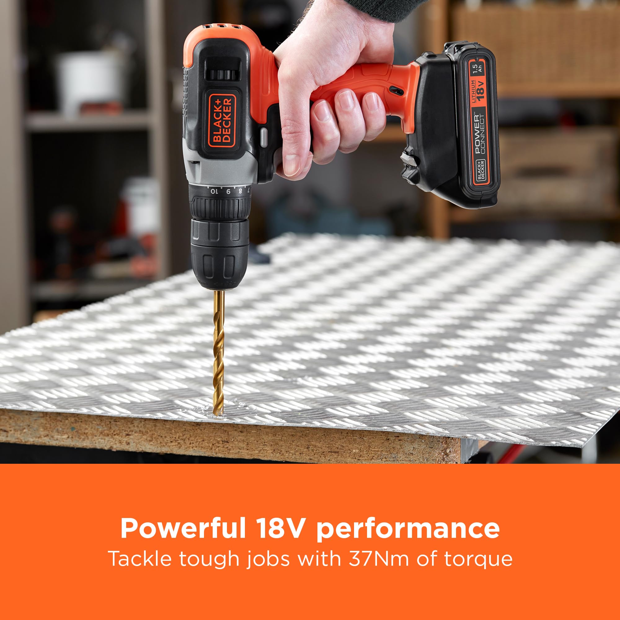BLACK+DECKER 18V Cordless 37Nm Torque Drill Driver with LED Worklight, 1.5Ah Battery & Charger, BCD001C1-GB