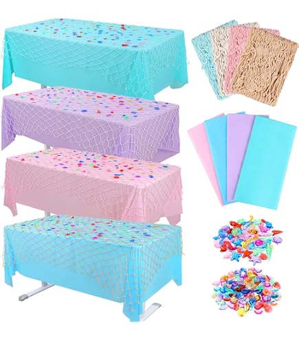 6-Piece Fish Net & Tablecloth Set - Mermaid Ocean Theme Party Decor, 3 Color Plastic Covers