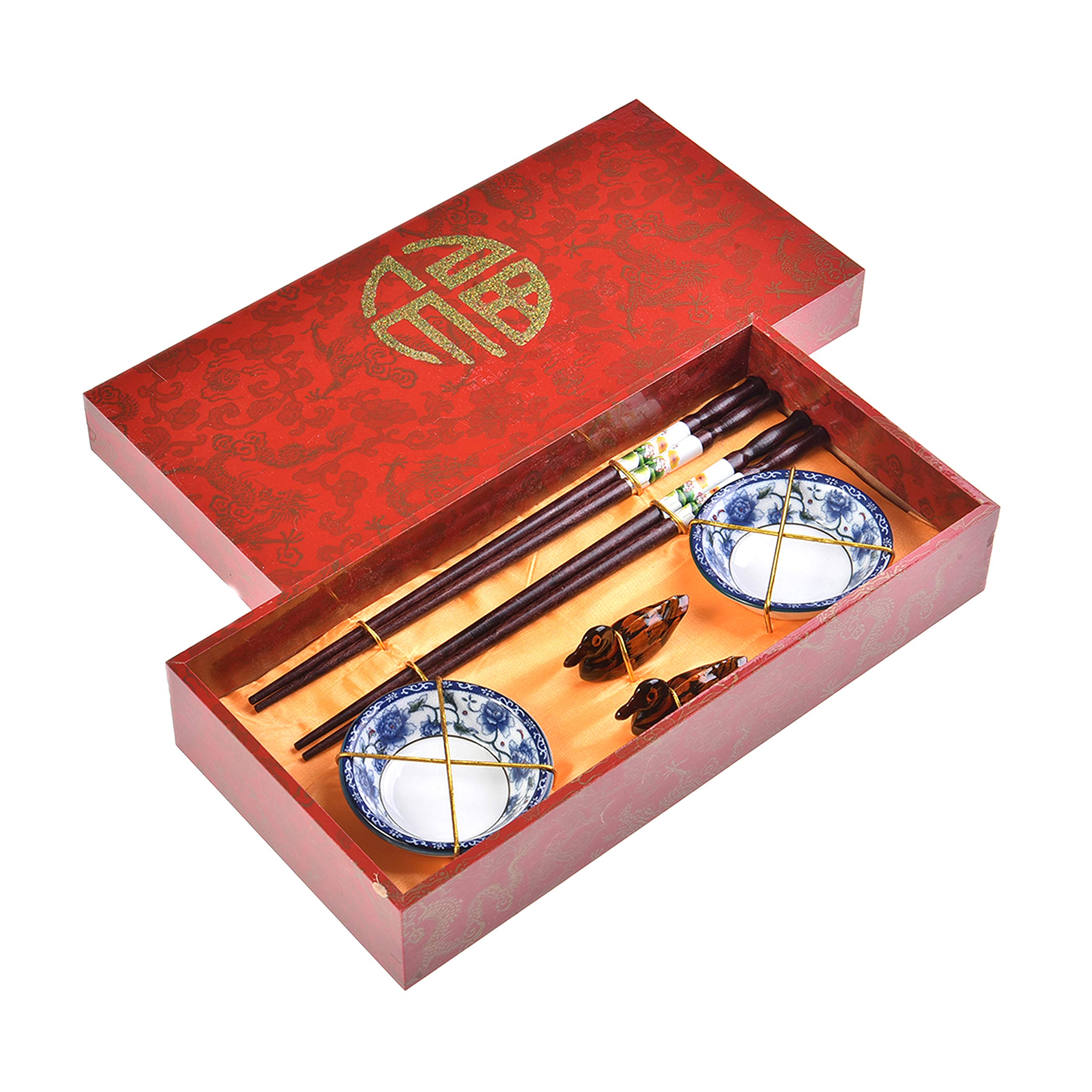 Quantum Abacus Elegant Chopstick Set Blue Anemone made of carved wood, 2 pairs of chopsticks, 2 chopstick rests, 2 ceramic bowls, in gift box, Mod. I_S2-B-W-07