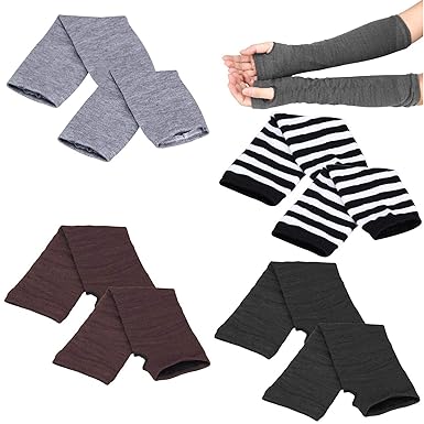 AoToZan 5 Paar Armwärmer lange Stulpen Fingerlose Handschuhe Handwärmer mit Daumenloch, Schwarz, Kaffee, Grau, Weiß-Schwarz, 
