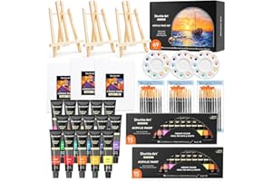 Shuttle Art 69 Pack Acrylic Paint Set, Acrylic Painting Set with 2 Pack of 15 Colors Acrylic Paint, 3 Sets of Wooden Easels, 