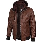 Blingsoul Mens Hooded Leather Jacket with Removable Hood, Biker Style Real Leather Jacket Men Wind Resistant Casual Outerwear