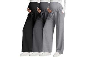 Huukeay 3 Pack Women's Maternity Pants Over The Belly Drawstring Pregnancy Pants Stretchy Lounge Trousers with Pockets