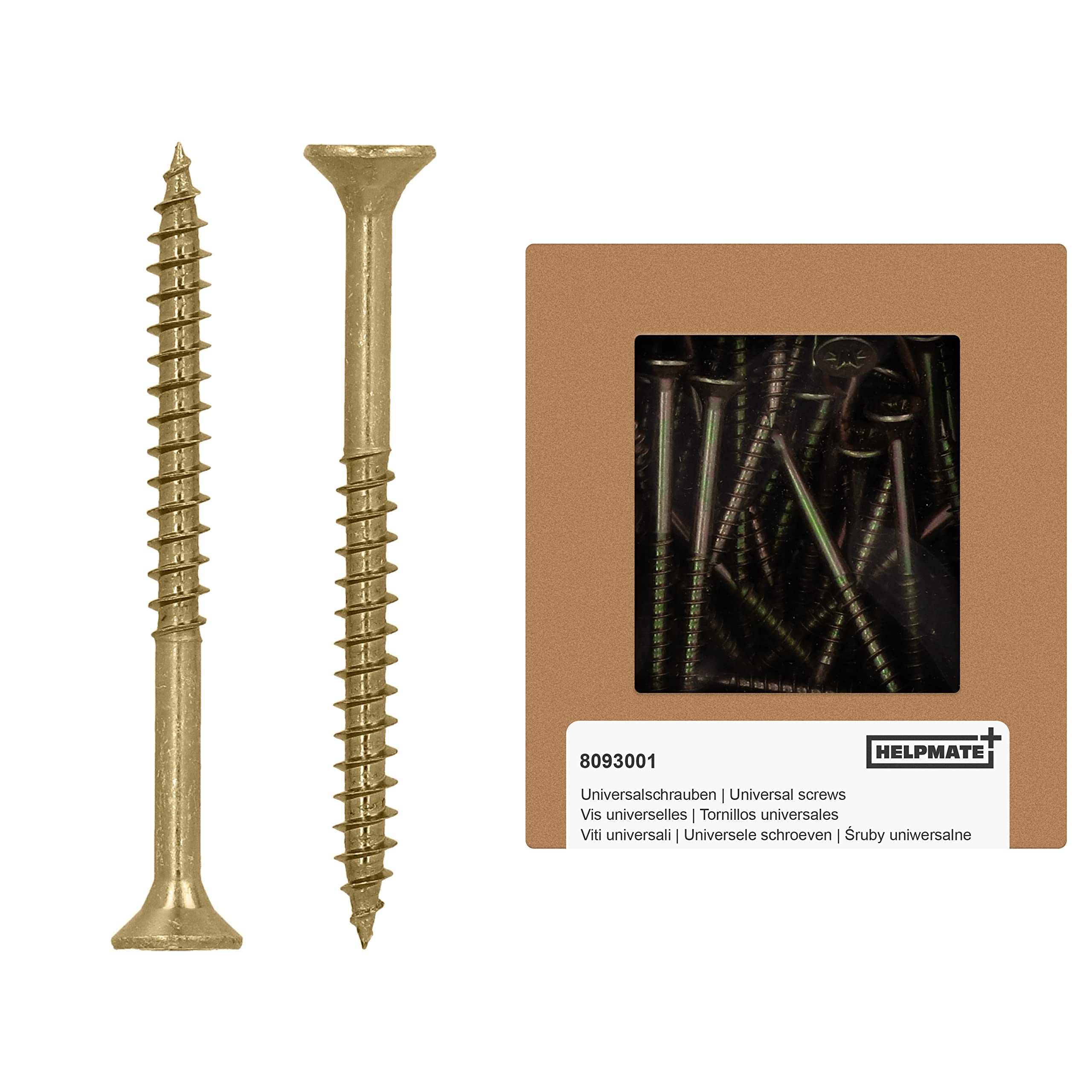 HELPMATE - Universal screws, countersunk head, 5.0x60, yellow passivated - 100 pieces Wood screws with PZ 2 drive and partial thread - Chipboard screws for indoor use and protected outdoor areas