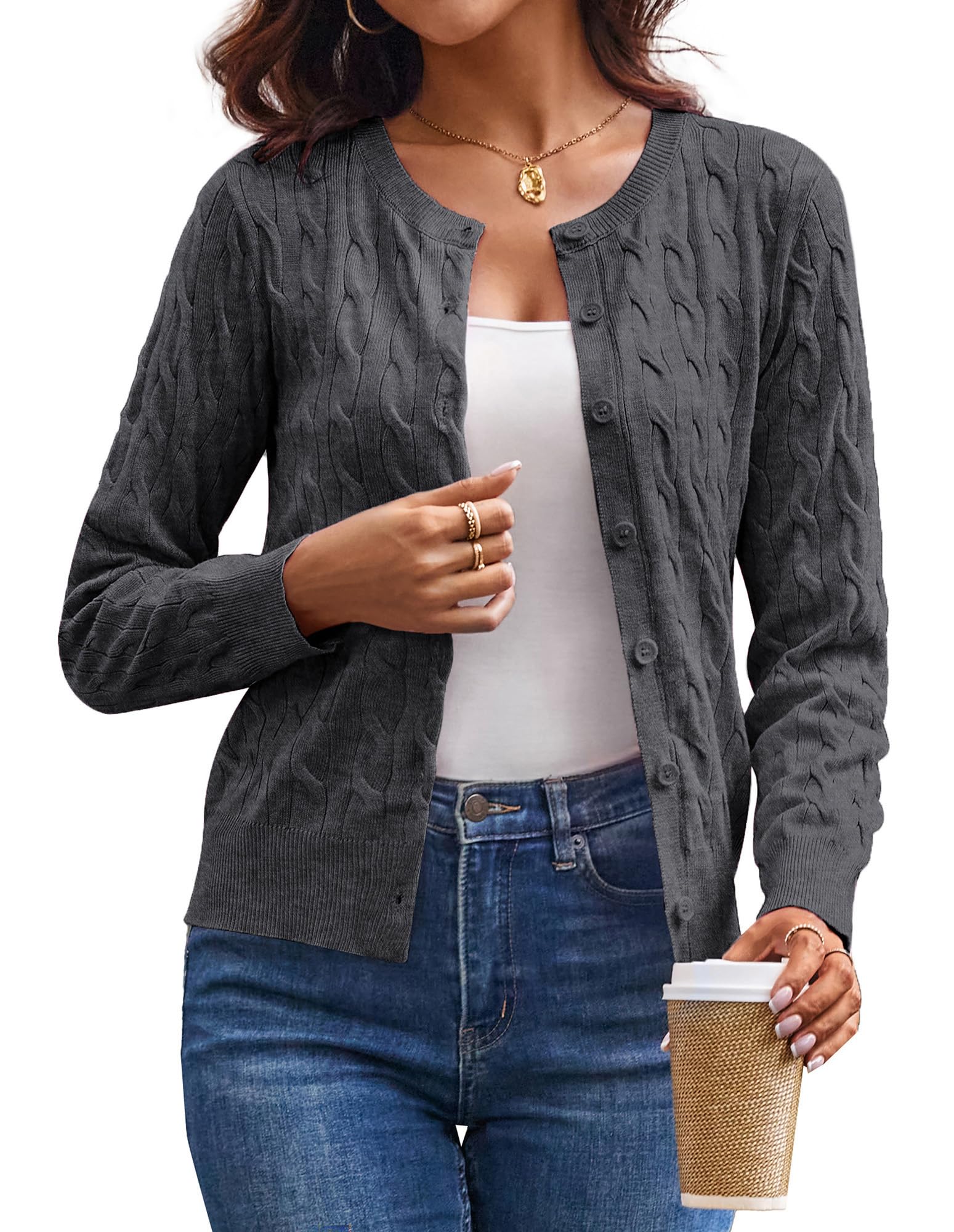 GRACE KARIN Womens Cable Knit Cardigan Sweaters, Lightweight Cardigans for Women, Grey Spring Clothes Summer Clothing L Image