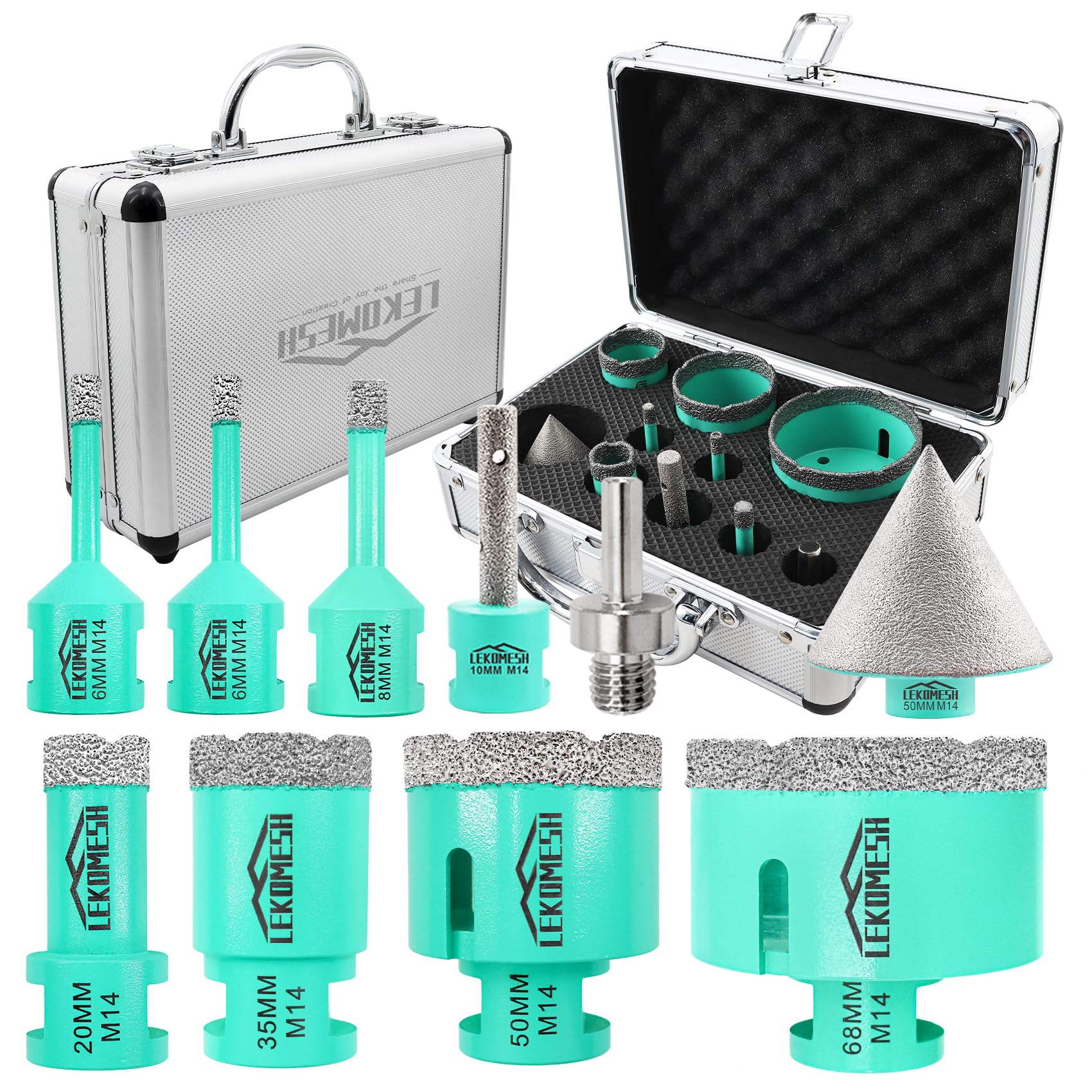 LEKOMESH Tile Drill Bits Kit - 10pcs (6/6/8/20/35/50/68mm+10mm Finger Milling Bit+50mm Beveling Chamfer Bit+Adapter) Hole Saw Kit for Porcelain Tile Ceramic Granite Marble Masonry Stone — image 1