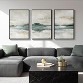 Large Framed Abstract Nature Landscape Wall Art for Living Room, 24x36 In | Green lake pictures, Set of 3 paintings, Canvas prints, Wood frame, Modern artwork, Wall decor for bedroom dining room office
