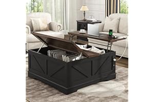 Hlivelood 40” Large Farmhouse Lift Top Coffee Table with Power Outlets and Large Hidden Storage, Square Wood Living Room Tables, Multi-Function Lift Wooden Barn Door Center Table, Black