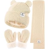 Baby Beanie Mittens Scarf Set,Toddler Infant Kids Winter Hat with Bear Ear Thermal Gloves Neck Warmer Set for Girls Boys