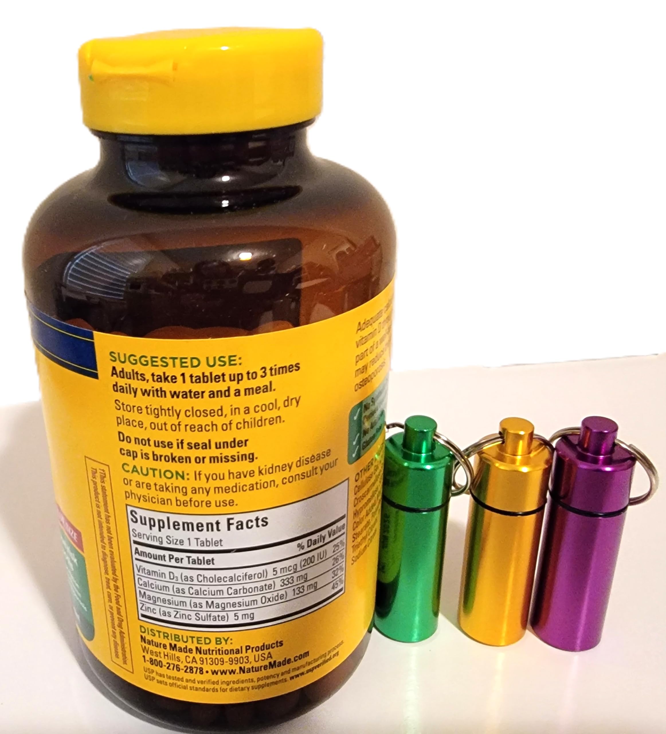 Nature Made Calcium Magnesium Zinc with Vitamin D3 300 Tablets with One(1) Keychain Pill Holder (Assorted Colors), 2 Piece Set