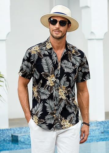 HISDERN Mens Button Down Hawaiian Shirts Black Summer Casual