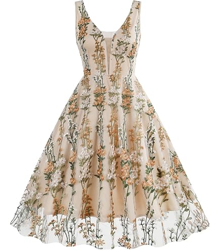 Women's V Neck Floral Embroidery Mesh Sundress Cocktail Swing Wedding Party Dress Vintage Sleeveless Evening Dresses Beige : Clothing, Shoes & Jewelry