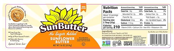SUNBUTTER NO SUGAR ADDED SUNFLOWER SEED BUTTER, 16 OZ (6 PACK OF 6) – NUT FREE SPREAD WITH 7G PLANT-BASED PROTEIN, ROASTED RICH & SAVORY FLAVOR, SMOOTH TEXTURE, VEGAN, KOSHER & NON-GMO