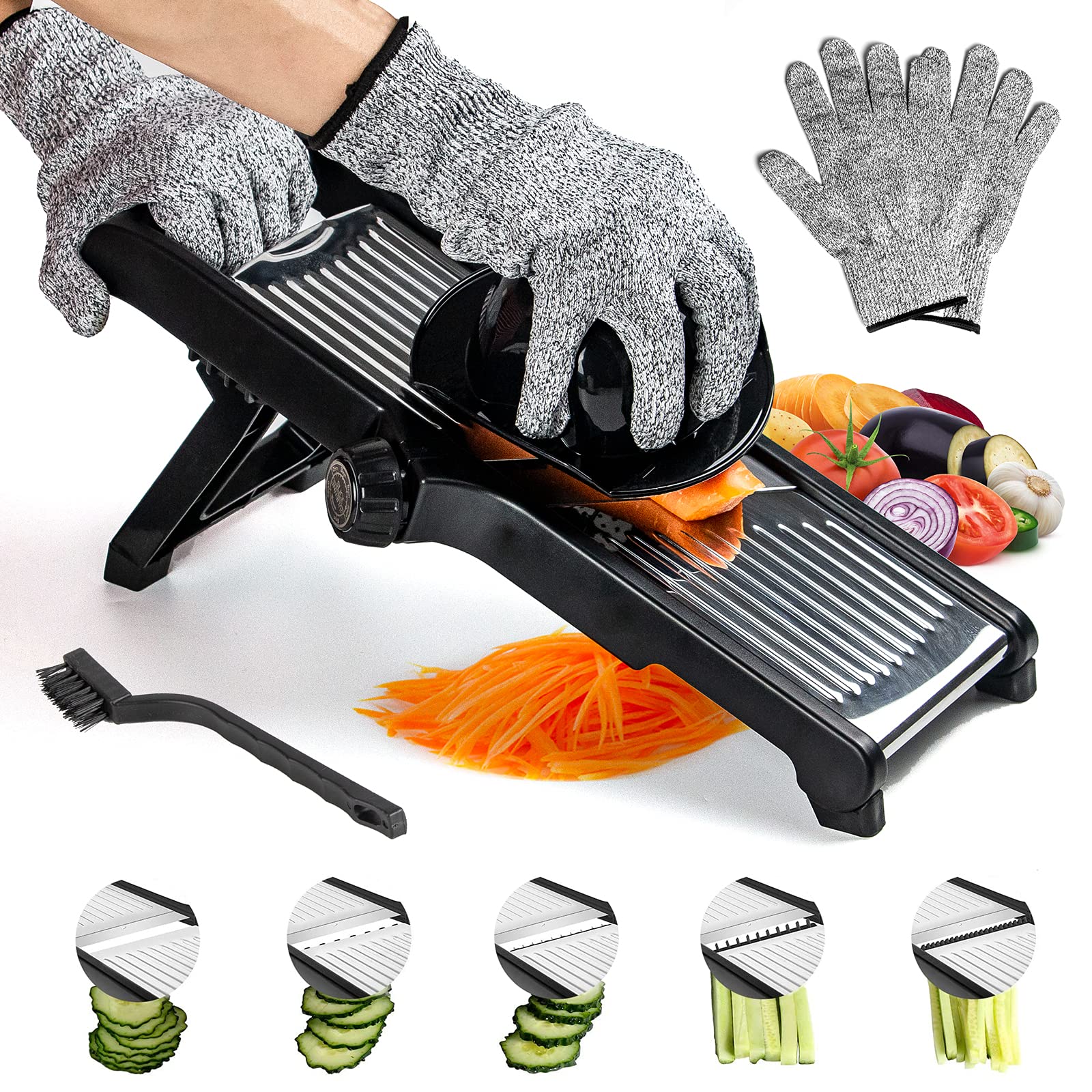Labeol Adjustable Mandolin Slicer Professional 3 in 1 Stainless Steel Food Slicer Multi Functional Vegetable Chopper Vegetable Potato Onion Cheese Julienne Slicer with Safety Gloves