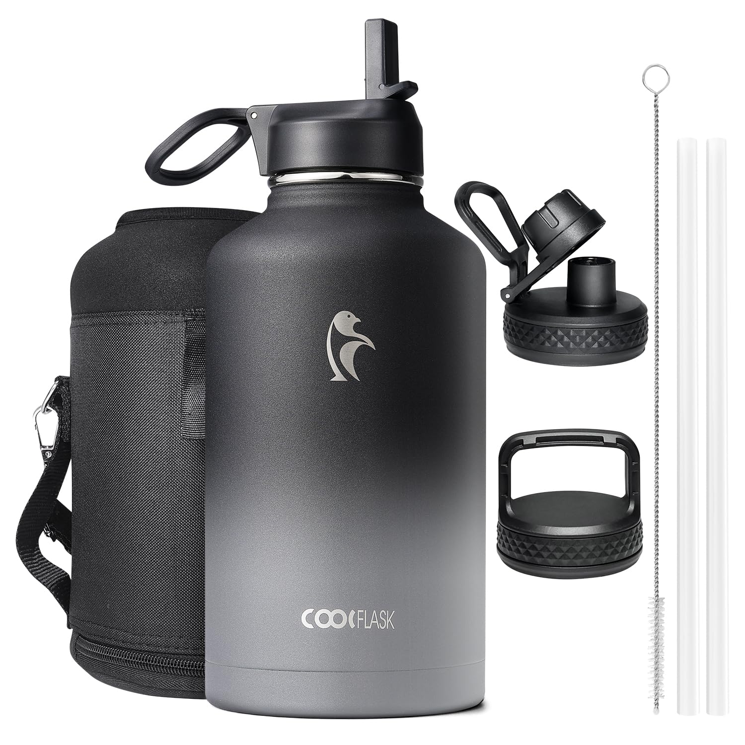 Coolflask Insulated Water Bottle 2L - 3 Lids with Straw & Spout & Handle, Leakproof Vacuum Stainless Steel Water Bottle for Sports, Travel, Gym, 48H Cold & 24H Hot, BPA Free, Graphite Fade