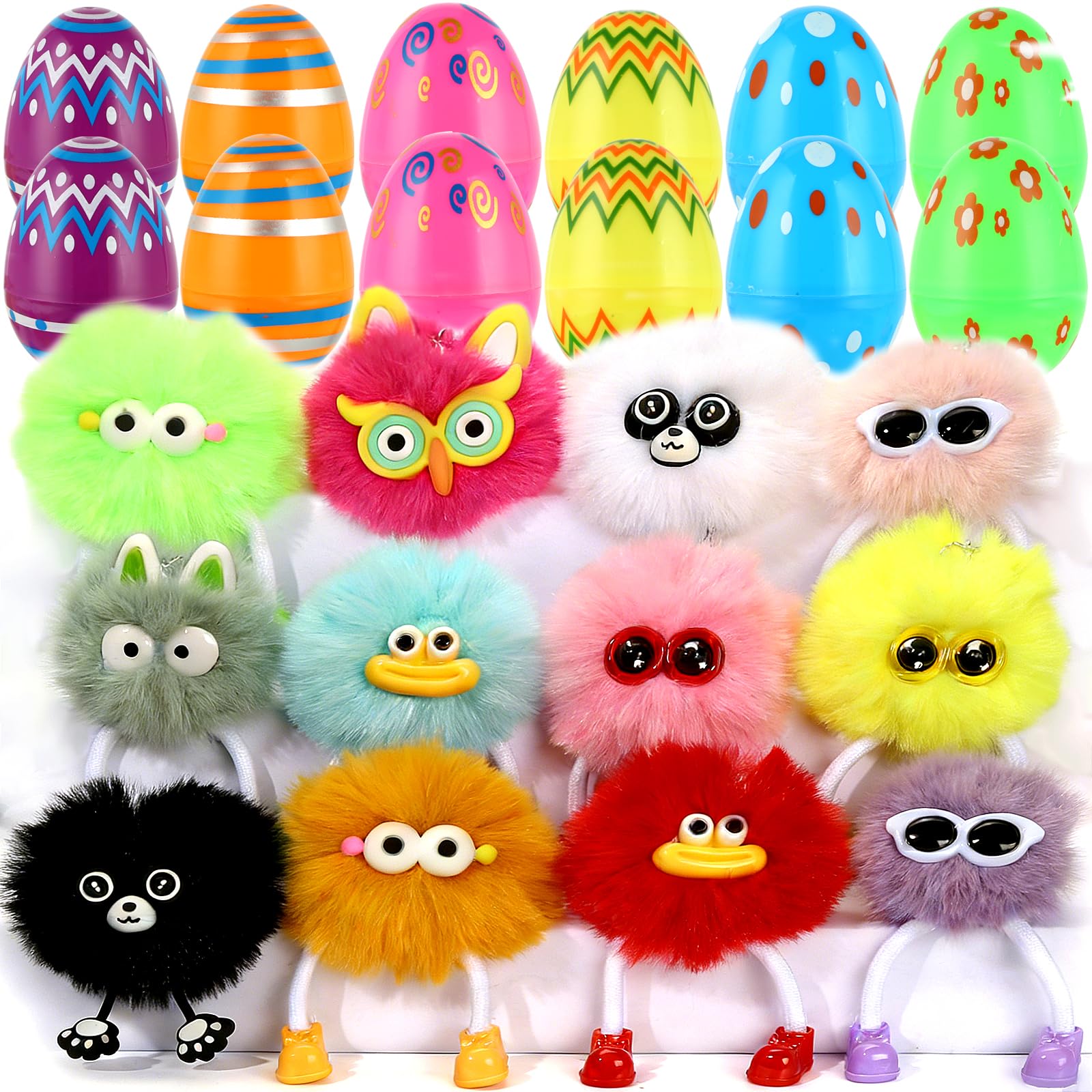 ZZLWAN Prefilled Easter Eggs With Plush Keychains: 12 Pack Cute Toy Monster Keychains For Kids Boys Girls Easter Basket Stuffers Party Favors Classroom Gifts